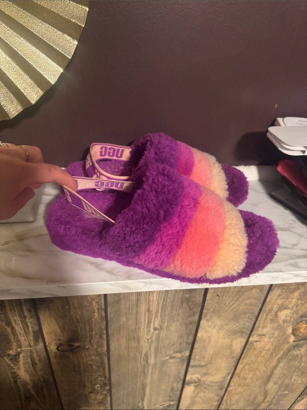 UGG Striped Fuzzy Slide Slippers in Purple and Pink